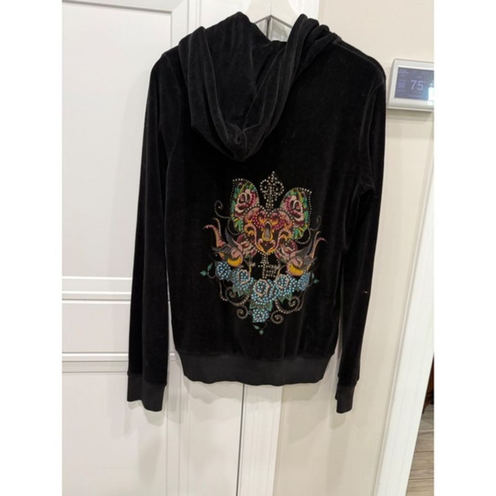 Ankh‎ Black Velour Tracksuit Set Rhinestone Graphic Hoodie Wide Leg Pants L